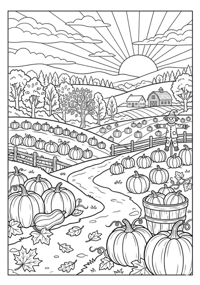Fall sunset in pumpkin farm coloring page for kids age 9-10