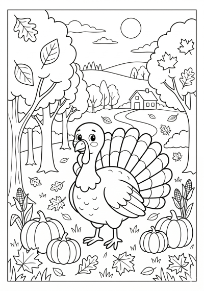Fall turkey in field coloring page for kids age 6-8