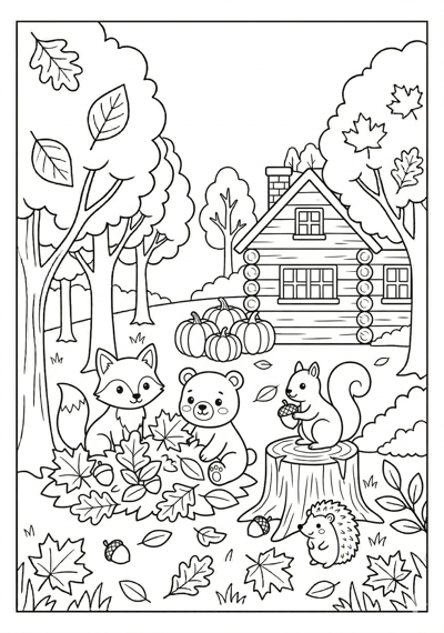 Fall woodland friends coloring page for kids age 6-8