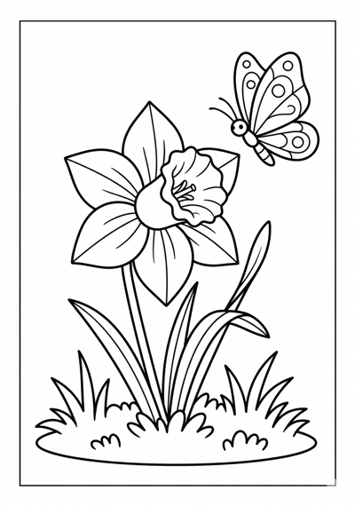 Daffodil with butterfly flower coloring page for kids age 6-8