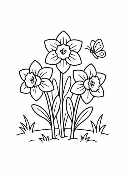 Daffodils in garden flower coloring page for kids age 6-8
