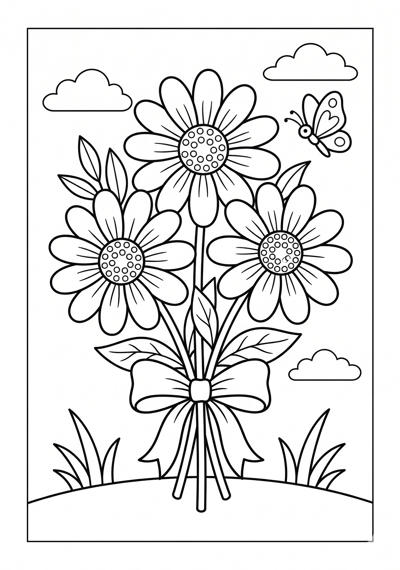 Daisy bouquet flower coloring page for kids age 6-8