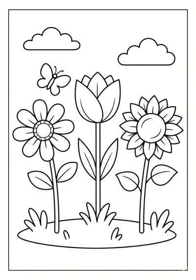 Daisy tulip and sunflower flower coloring page for kids age 6-8