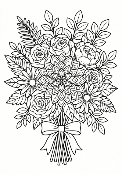 Detailed layered flower bouquet flower coloring page for kids age 9-10