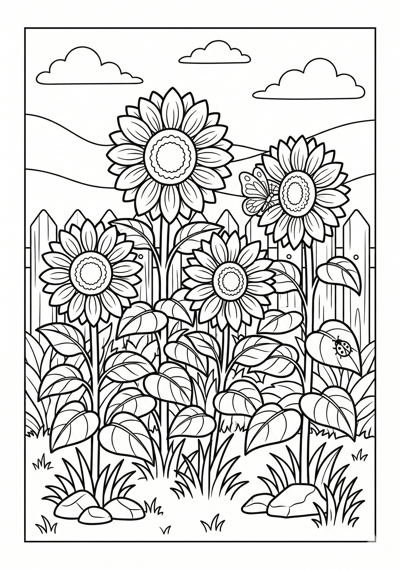 Detailed sunflower garden scene flower coloring page for kids age 9-10