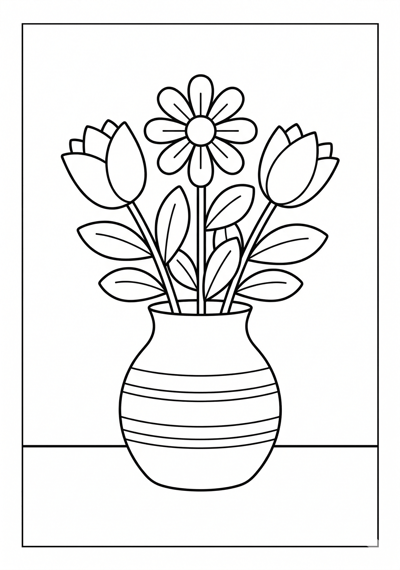 Flowers in vase flower coloring page for kids age 6-8