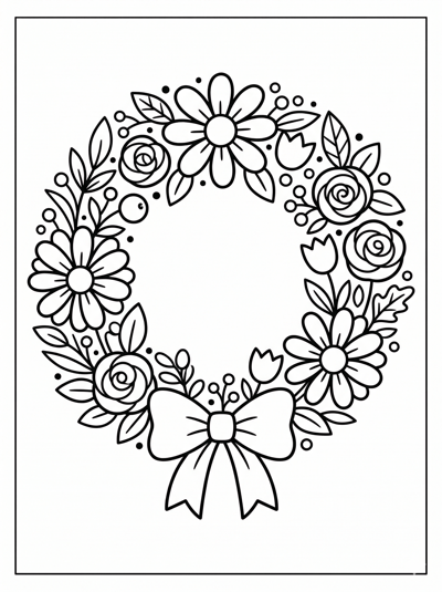 Simple flower wreath flower coloring page for kids age 6-8