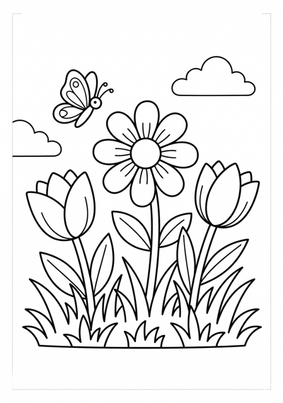 Flowers in grass flower coloring page for kids age 6-8