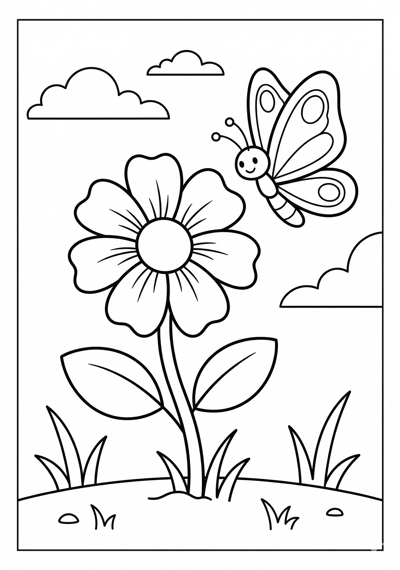 Garden flower with butterfly flower coloring page for kids age 6-8