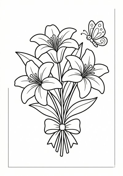 Lily bouquet flower coloring page for kids age 6-8