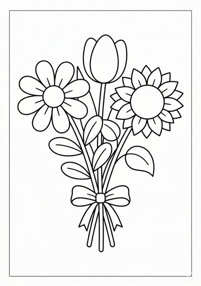 Mixed flower bouquet flower coloring page for kids age 6-8