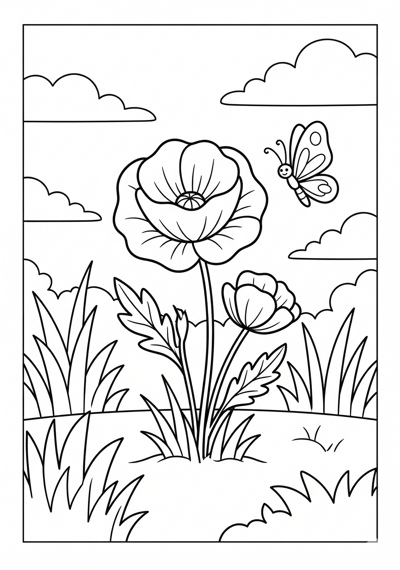Poppy in garden flower coloring page for kids age 6-8