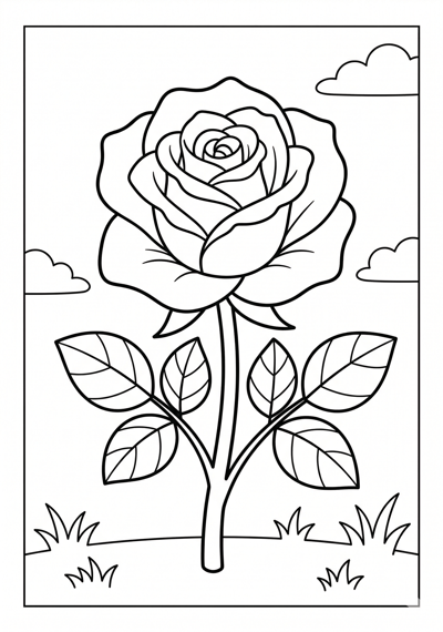 Rose with leaves flower coloring page for kids age 6-8