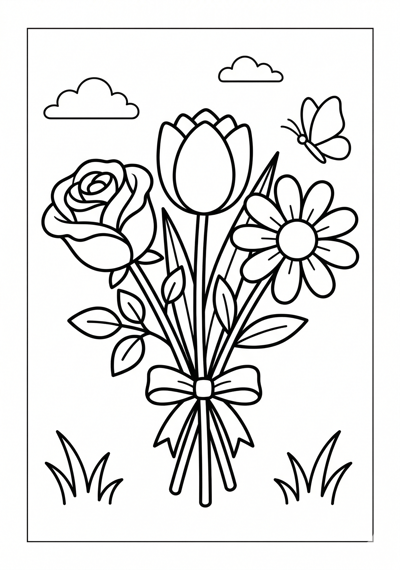 Rose tulip and daisy flower coloring page for kids age 6-8