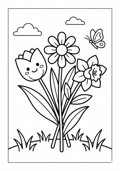 Spring flowers flower coloring page for kids age 6-8