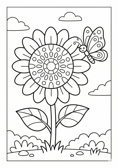 Sunflower with butterfly flower coloring page for kids age 6-8