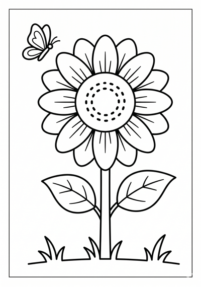 Sunflower with stem flower coloring page for kids age 6-8