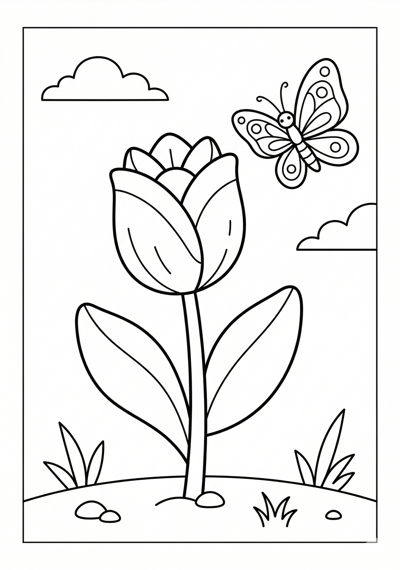 Tulip with butterfly flower coloring page for kids age 6-8