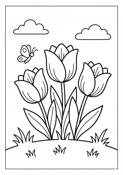 Three tulips flower coloring page for kids age 6-8
