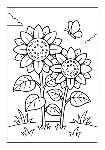 Two sunflowers flower coloring page for kids age 6-8