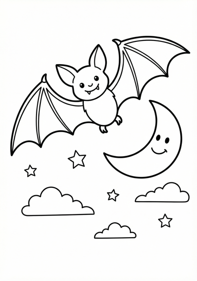 Bat and moon Halloween coloring page for kids age 6-8
