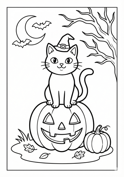 Black cat and pumpkin Halloween coloring page for kids age 6-8