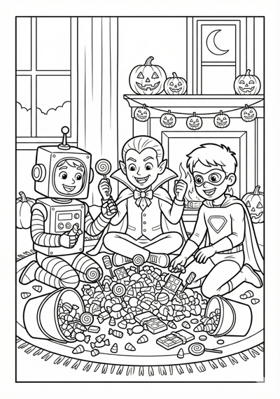 Candy and costumes Halloween coloring page for kids age 9-10