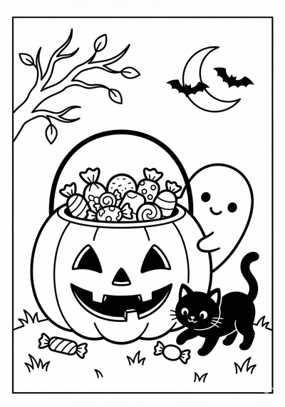 Candy bucket scene Halloween coloring page for kids age 6-8