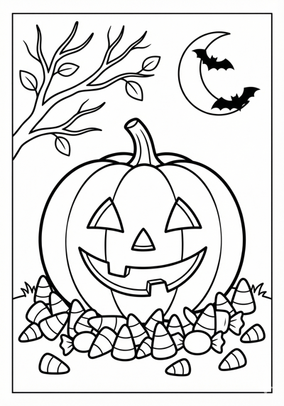 Candy corn and pumpkin Halloween coloring page for kids age 6-8