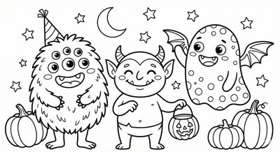 Friendly monsters Halloween coloring page for kids age 6-8