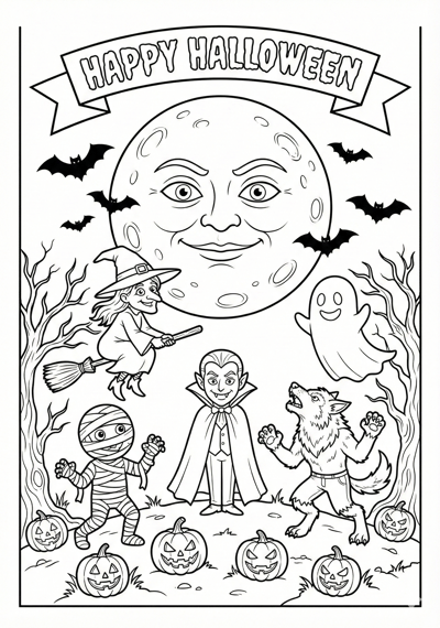Full moon and Halloween characters coloring page for kids age 9-10