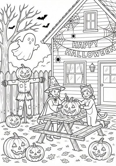 Halloween backyard scene coloring page for kids age 9-10