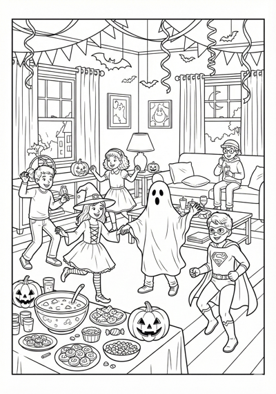 Halloween party scene coloring page for kids age 9-10