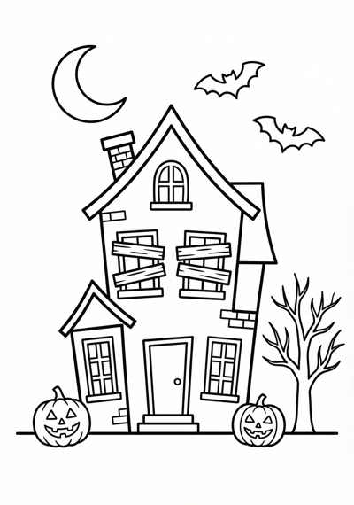 Simple haunted house Halloween coloring page for kids age 6-8