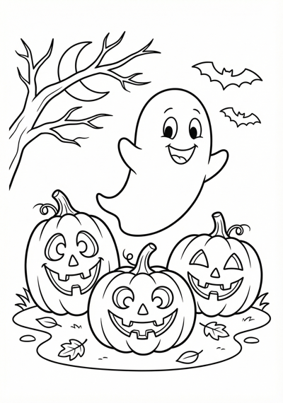 Jack-o'-lanterns and ghost Halloween coloring page for kids age 6-8