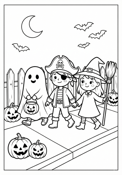 Kids in costumes Halloween coloring page for kids age 6-8