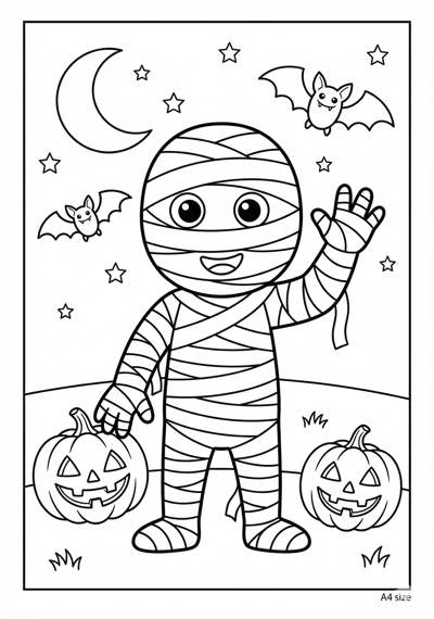 Friendly mummy Halloween coloring page for kids age 6-8