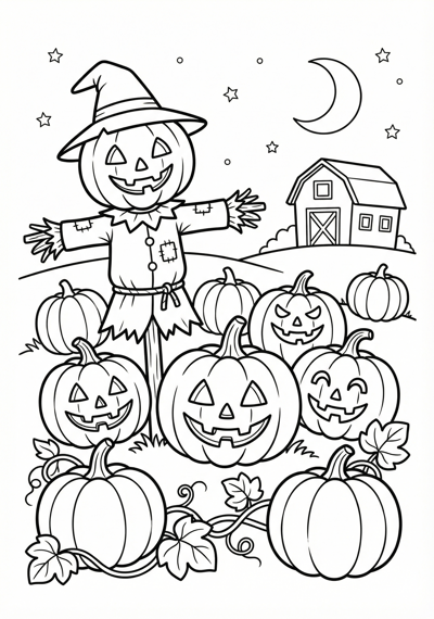 Pumpkin patch Halloween coloring page for kids age 6-8
