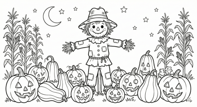 Scarecrow and pumpkins Halloween coloring page for kids age 6-8
