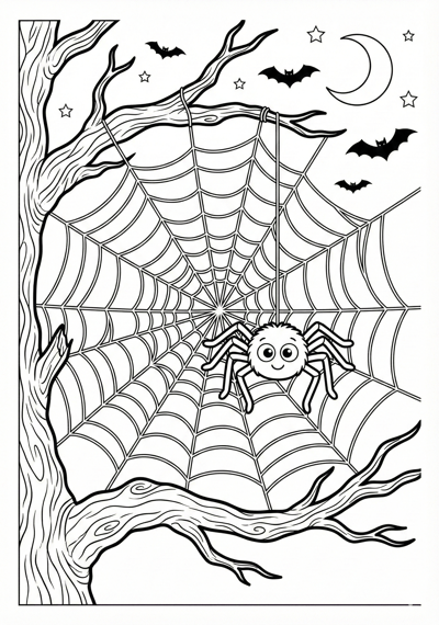 Spider web and spider Halloween coloring page for kids age 6-8