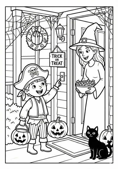Trick-or-treat at door Halloween coloring page for kids age 6-8