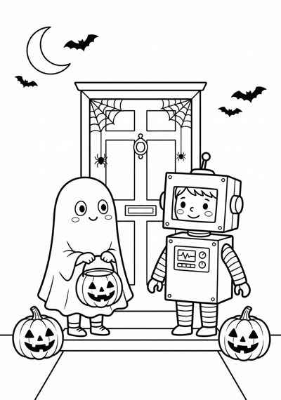 Trick-or-treat scene Halloween coloring page for kids age 6-8