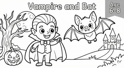 Vampire and bat Halloween coloring page for kids age 6-8