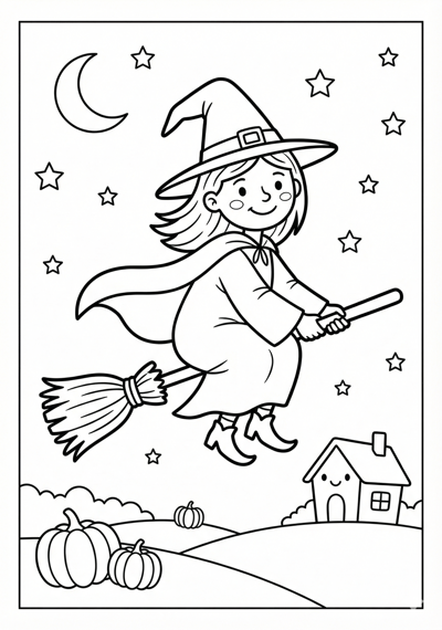 Witch on broomstick Halloween coloring page for kids age 6-8