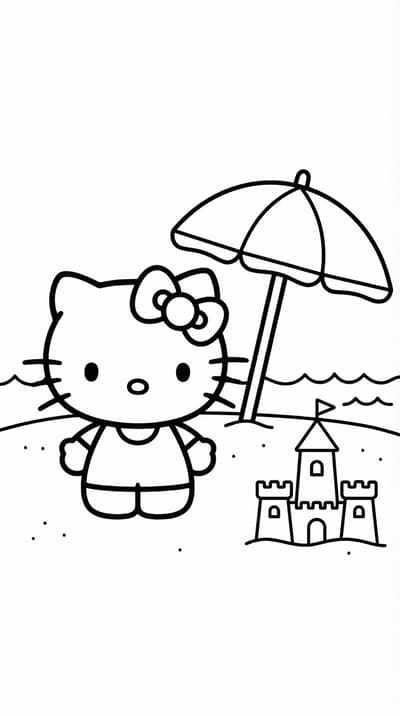 Hello Kitty at the beach with umbrella and waves coloring page for kids age 6-8