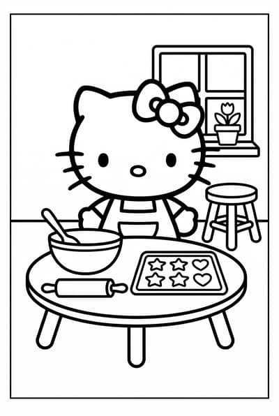 Hello Kitty baking cookies in a simple kitchen scene coloring page for kids age 6-8