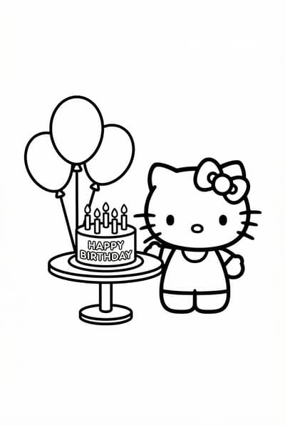 Simple Hello Kitty birthday party coloring page with cake and balloons for kids age 6-8