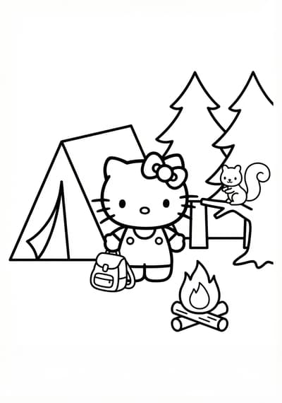 Hello Kitty camping with simple tent and trees coloring page for kids age 6-8