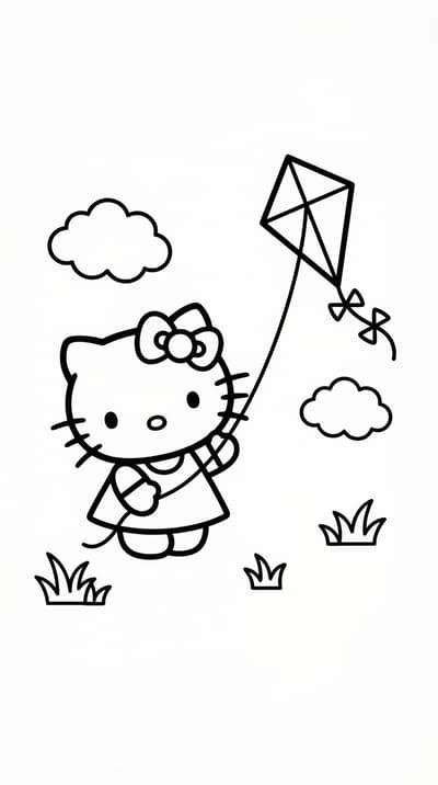 Hello Kitty flying a kite in a simple park scene coloring page for kids age 6-8