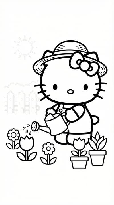 Hello Kitty gardening with watering can and flowers coloring page for kids age 6-8